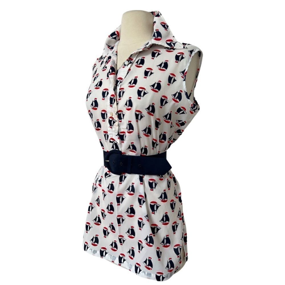 Vintage 60s / 70s Nautical Sailboat Print Sleeveless Collared Blouse